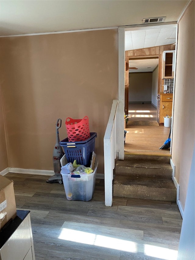 stairs featuring hardwood / wood-style flooring