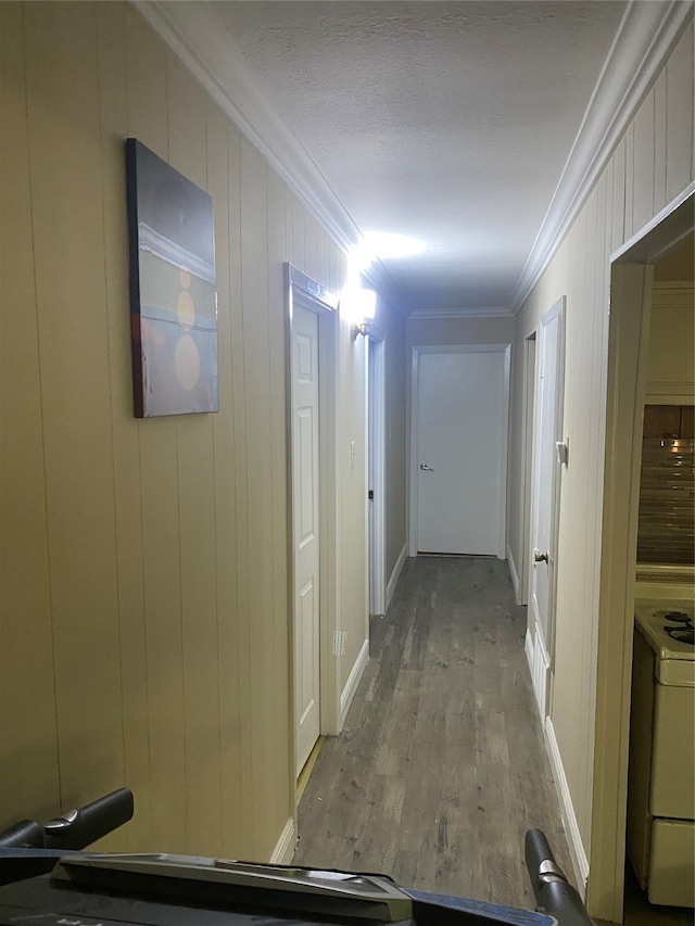 corridor featuring light hardwood / wood-style flooring and crown molding