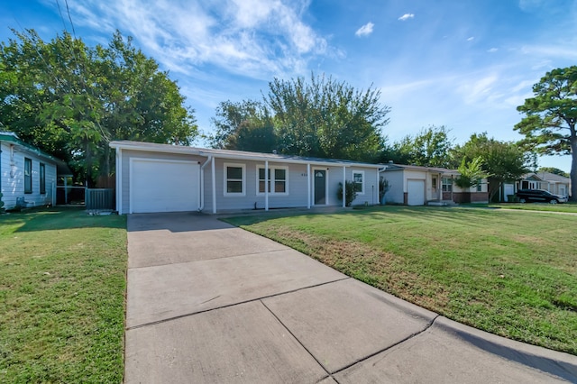 single story home with a garage and a front lawn