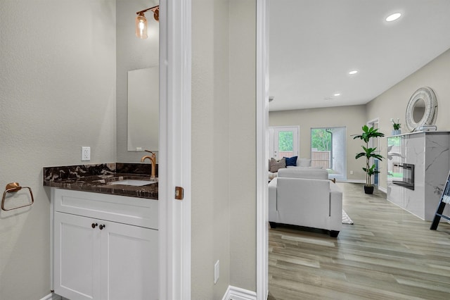 bathroom with vanity and wood-type flooring