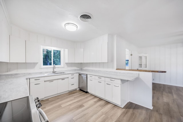 kitchen featuring light hardwood / wood-style floors, white cabinetry, kitchen peninsula, stainless steel appliances, and sink