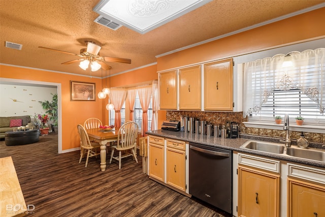 kitchen featuring a textured ceiling, stainless steel dishwasher, sink, and ceiling fan