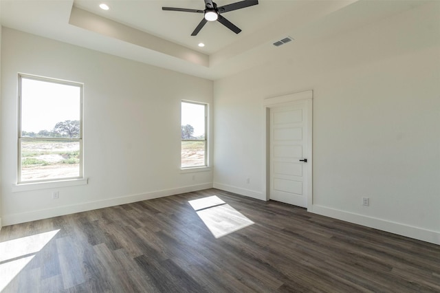 spare room featuring dark wood-type flooring, a raised ceiling, ceiling fan, and a healthy amount of sunlight