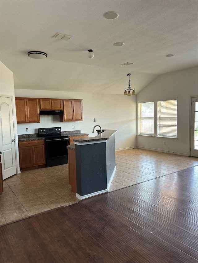 kitchen with lofted ceiling, light hardwood / wood-style flooring, a center island with sink, decorative light fixtures, and black range with electric cooktop