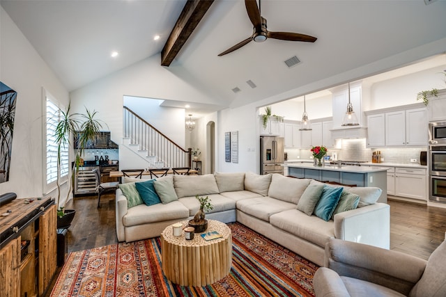 living room featuring high vaulted ceiling, beam ceiling, ceiling fan, and dark hardwood / wood-style flooring