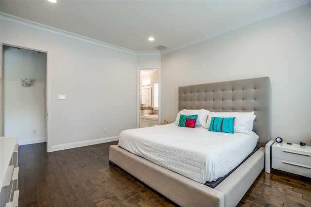 bedroom with dark hardwood / wood-style floors, ensuite bathroom, and crown molding