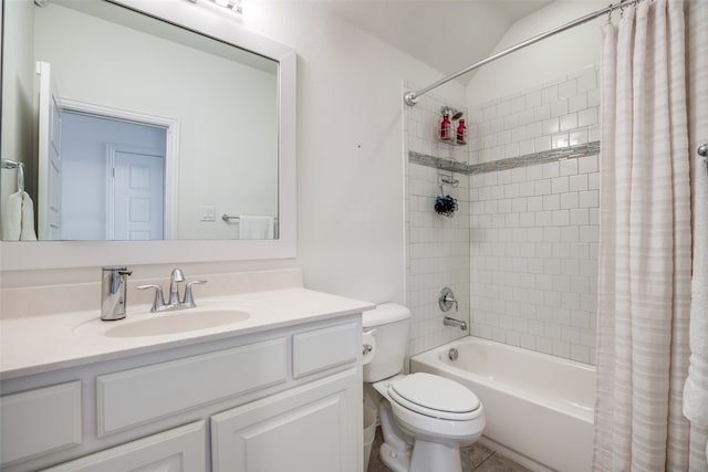 full bathroom featuring shower / bath combo, vanity, and toilet