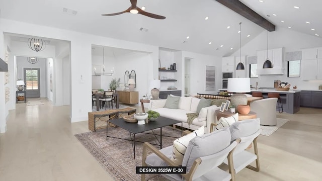 living room featuring ceiling fan with notable chandelier, light hardwood / wood-style floors, beamed ceiling, and high vaulted ceiling