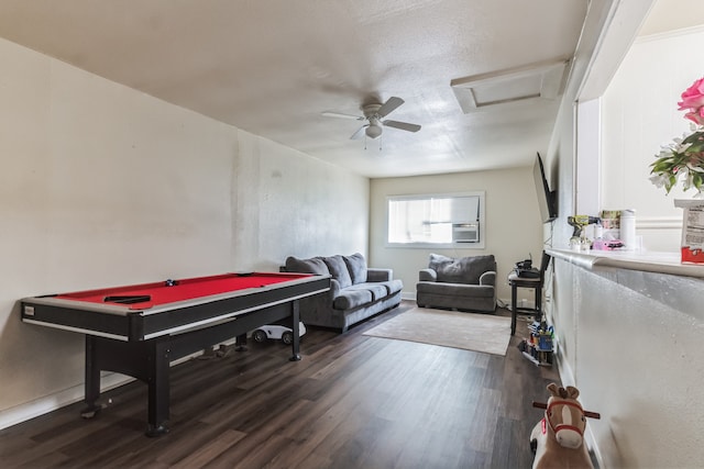 game room with ceiling fan, pool table, and dark wood-type flooring