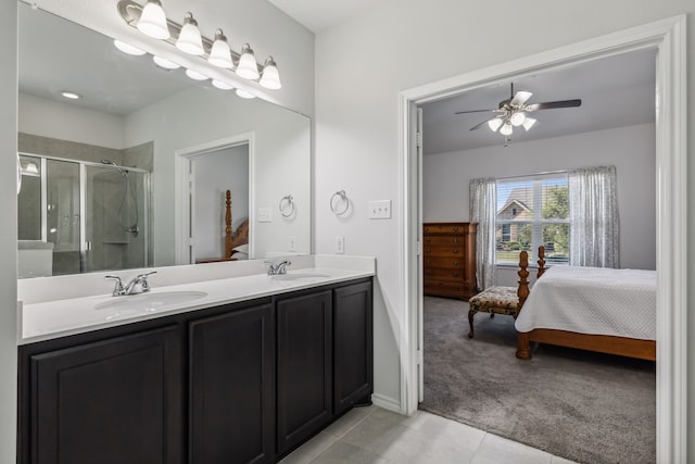 carpeted bedroom featuring ceiling fan, a raised ceiling, and lofted ceiling