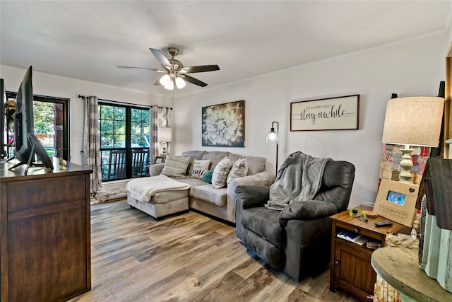 living room with ornamental molding, ceiling fan, and light hardwood / wood-style flooring