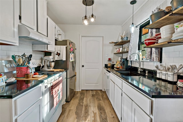 kitchen featuring light wood-type flooring, white cabinetry, sink, and range with electric stovetop