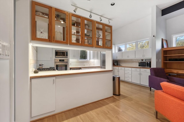 kitchen featuring white cabinetry, tasteful backsplash, light hardwood / wood-style flooring, and appliances with stainless steel finishes