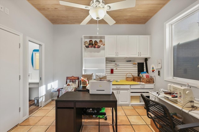 kitchen with white cabinetry, wooden ceiling, and ceiling fan