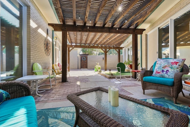 view of patio featuring a pergola and outdoor lounge area