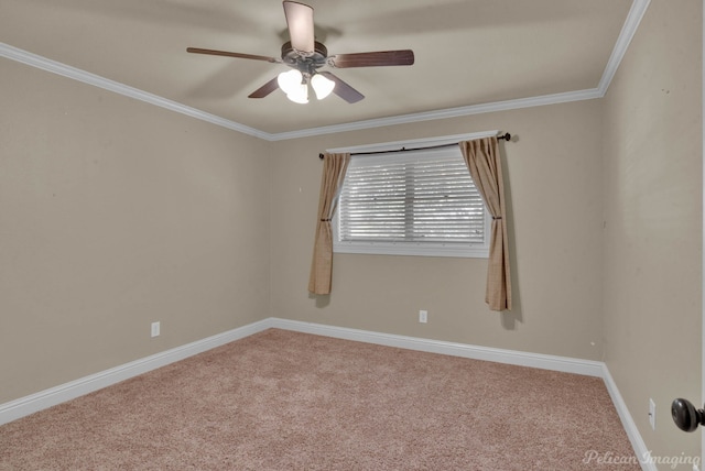 unfurnished room with ceiling fan, crown molding, and carpet flooring