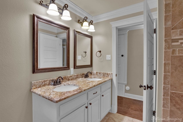 bathroom featuring ornamental molding, vanity, and hardwood / wood-style floors