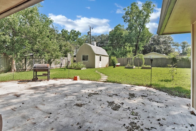 view of patio featuring a storage shed