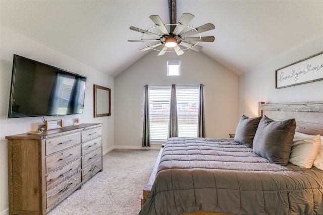 bedroom with ceiling fan, lofted ceiling, and light carpet