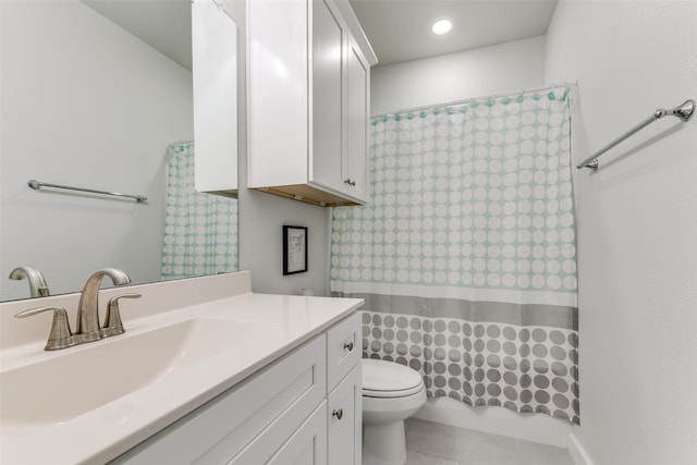 bathroom featuring vanity, tile patterned flooring, toilet, and a shower with shower curtain