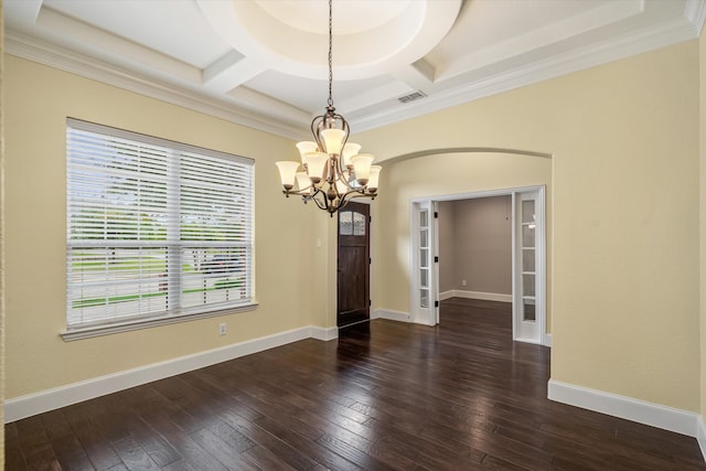 spare room with a chandelier, beamed ceiling, dark wood-type flooring, coffered ceiling, and crown molding