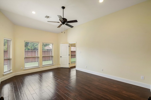 unfurnished room with dark hardwood / wood-style floors and ceiling fan