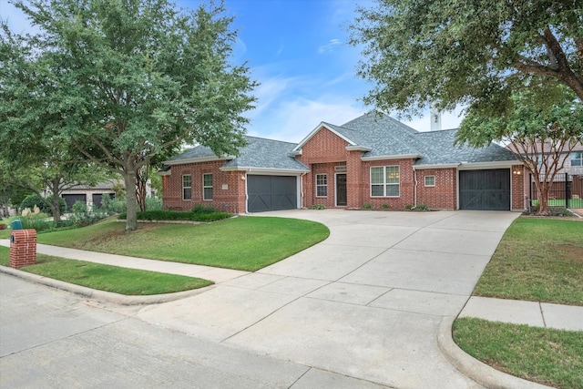 ranch-style house featuring a garage and a front lawn