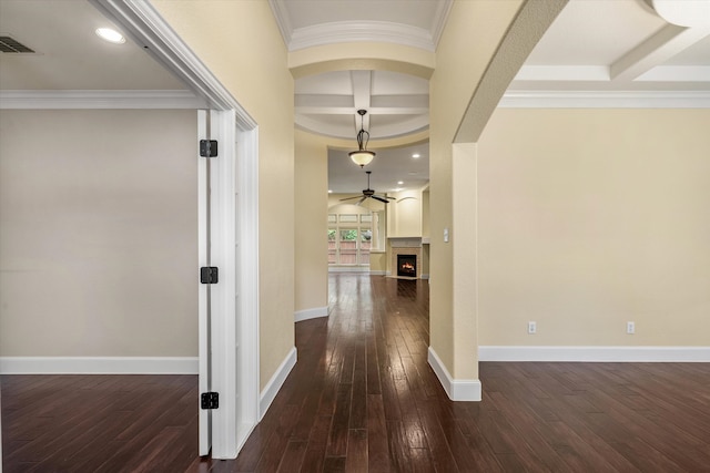 hall with crown molding and dark wood-type flooring