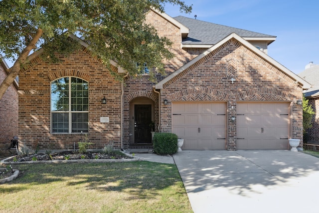 front facade featuring a front lawn and a garage