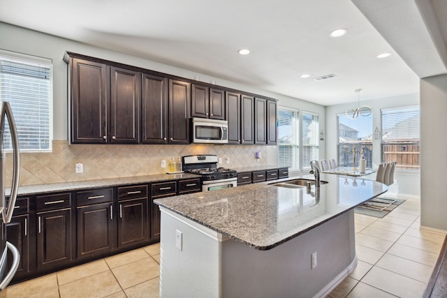 kitchen with pendant lighting, stainless steel appliances, a kitchen island with sink, and sink