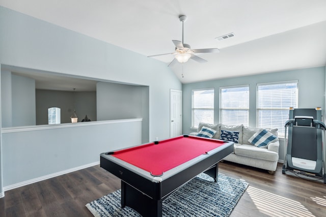 rec room with ceiling fan, lofted ceiling, pool table, and dark wood-type flooring