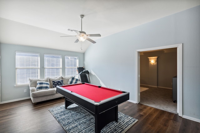 recreation room with pool table, ceiling fan, vaulted ceiling, and dark hardwood / wood-style flooring