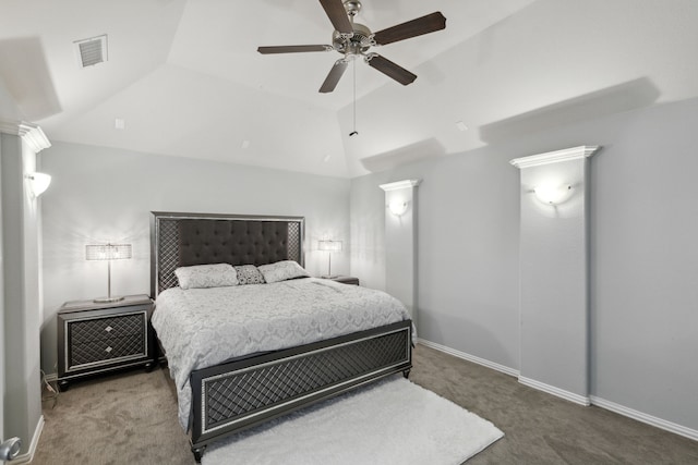 carpeted bedroom with vaulted ceiling and ceiling fan