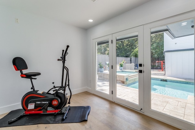 exercise area featuring french doors and light hardwood / wood-style flooring