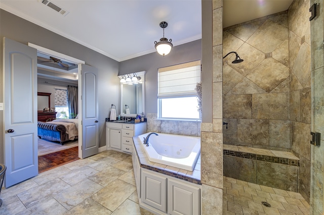 bathroom featuring shower with separate bathtub, vanity, ceiling fan, and ornamental molding