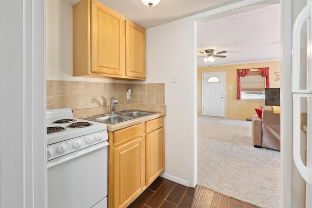 107 Briarwood Dr, Mabank, TX 75156 - kitchen with backsplash, a ceiling fan, a sink, light brown cabinets, and electric range