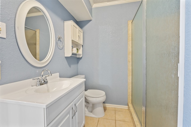 bathroom with a shower with shower door, vanity, crown molding, toilet, and tile patterned floors