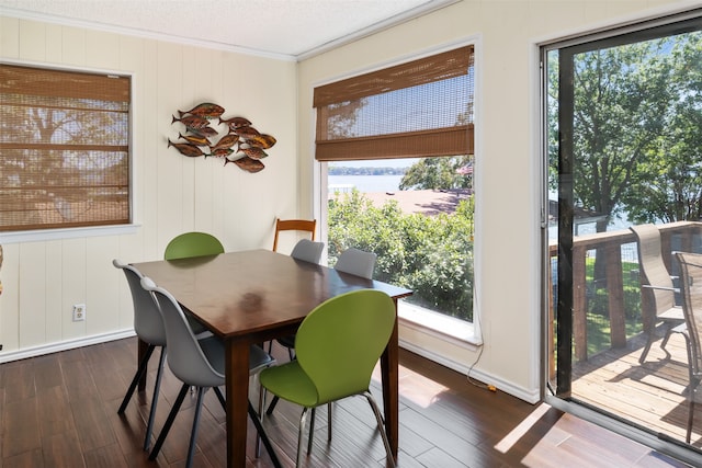 dining area with a textured ceiling, wood walls, ornamental molding, and dark wood-type flooring