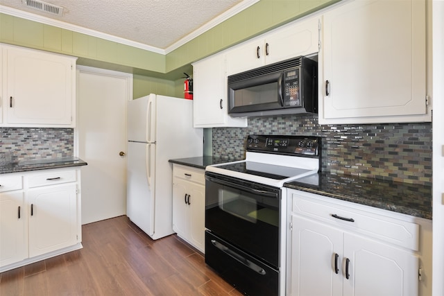 kitchen with black appliances, white cabinetry, dark hardwood / wood-style flooring, and ornamental molding