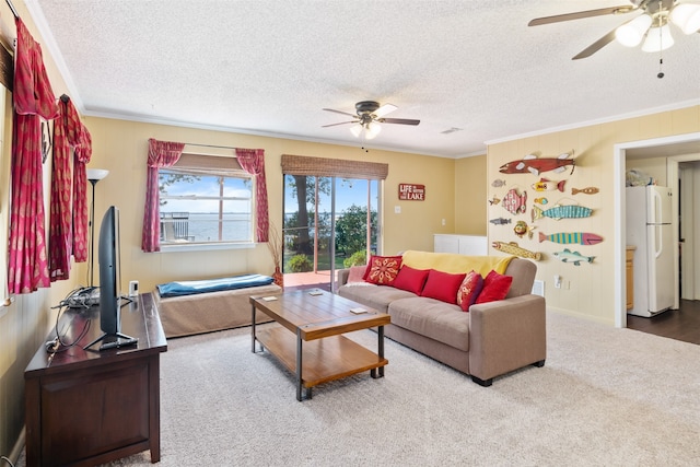 living room featuring a textured ceiling, crown molding, carpet flooring, and ceiling fan