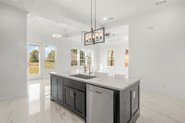 kitchen with sink, hanging light fixtures, a center island with sink, a healthy amount of sunlight, and stainless steel dishwasher