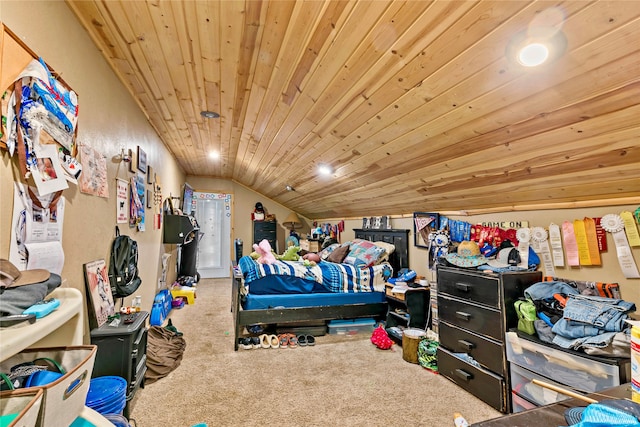 carpeted bedroom with lofted ceiling and wooden ceiling