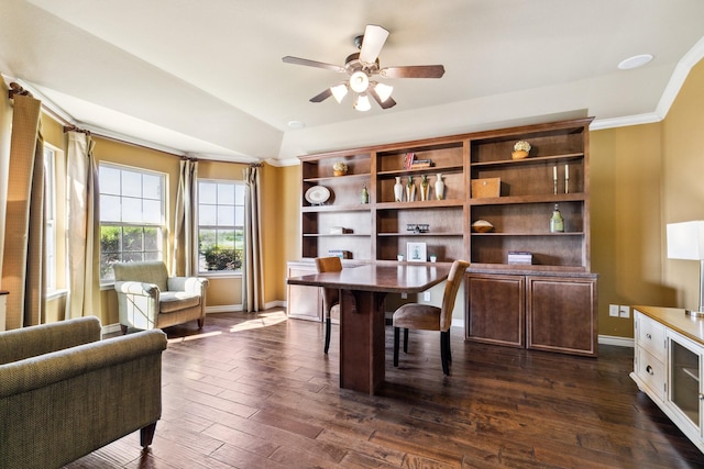 office space with ceiling fan and dark hardwood / wood-style flooring