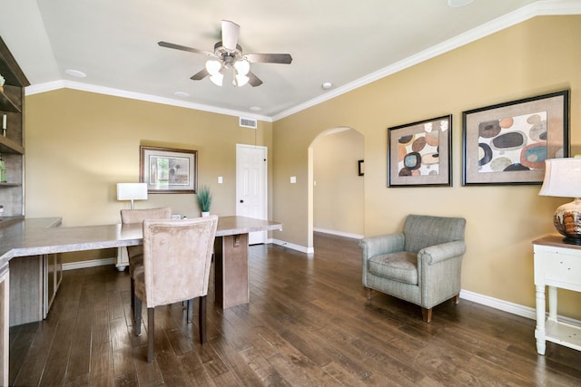 office space with ceiling fan, dark hardwood / wood-style flooring, and crown molding