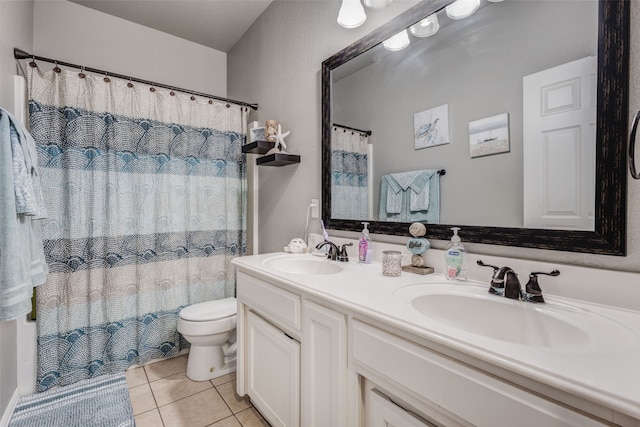 bathroom with tile patterned flooring, vanity, toilet, and a shower with shower curtain