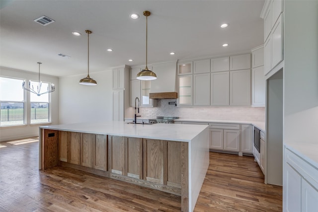 1120 Stonebridge Pass, Gunter, TX 75058 - kitchen with tasteful backsplash, dark wood-style floors, a sink, a kitchen island with sink, and recessed lighting