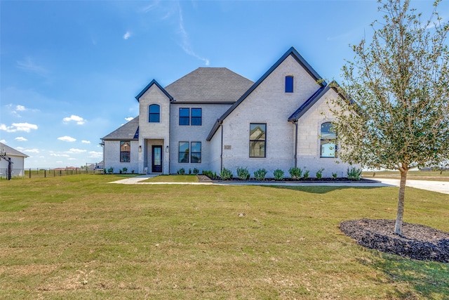 french country inspired facade featuring a front yard