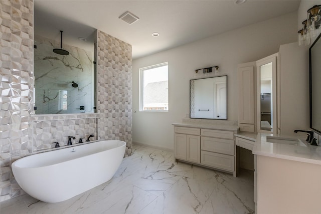 1120 Stonebridge Pass, Gunter, TX 75058 - bathroom featuring vanity, a marble finish shower, a freestanding tub, recessed lighting, and marble finish flooring