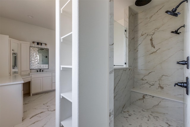 1120 Stonebridge Pass, Gunter, TX 75058 - bathroom with marble tiled floors, a marble finish shower, and vanity