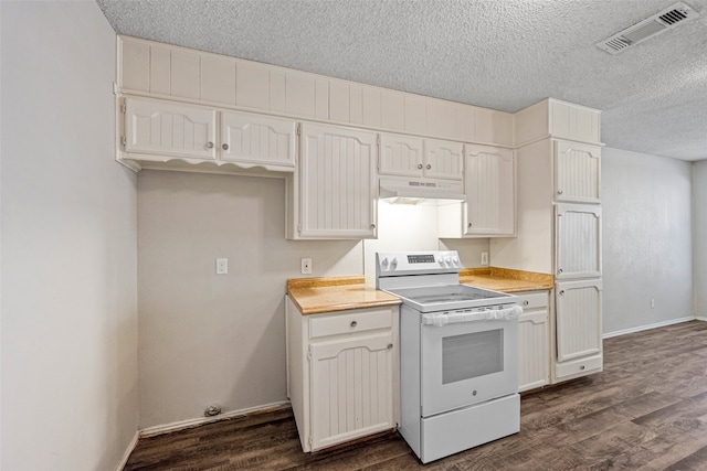 kitchen featuring white cabinetry, electric stove, a textured ceiling, and dark hardwood / wood-style floors